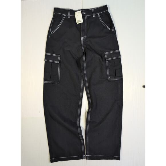 Divided Jeans Womens 4 Black Wide Leg Cargo Pants High Rise Contrast Stitch Y2K - Picture 3 of 12